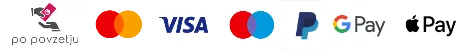 Ikone za različne načine plačila: gotovina ob dostavi, Mastercard, Visa, Maestro, PayPal, Google Pay in Apple Pay.
