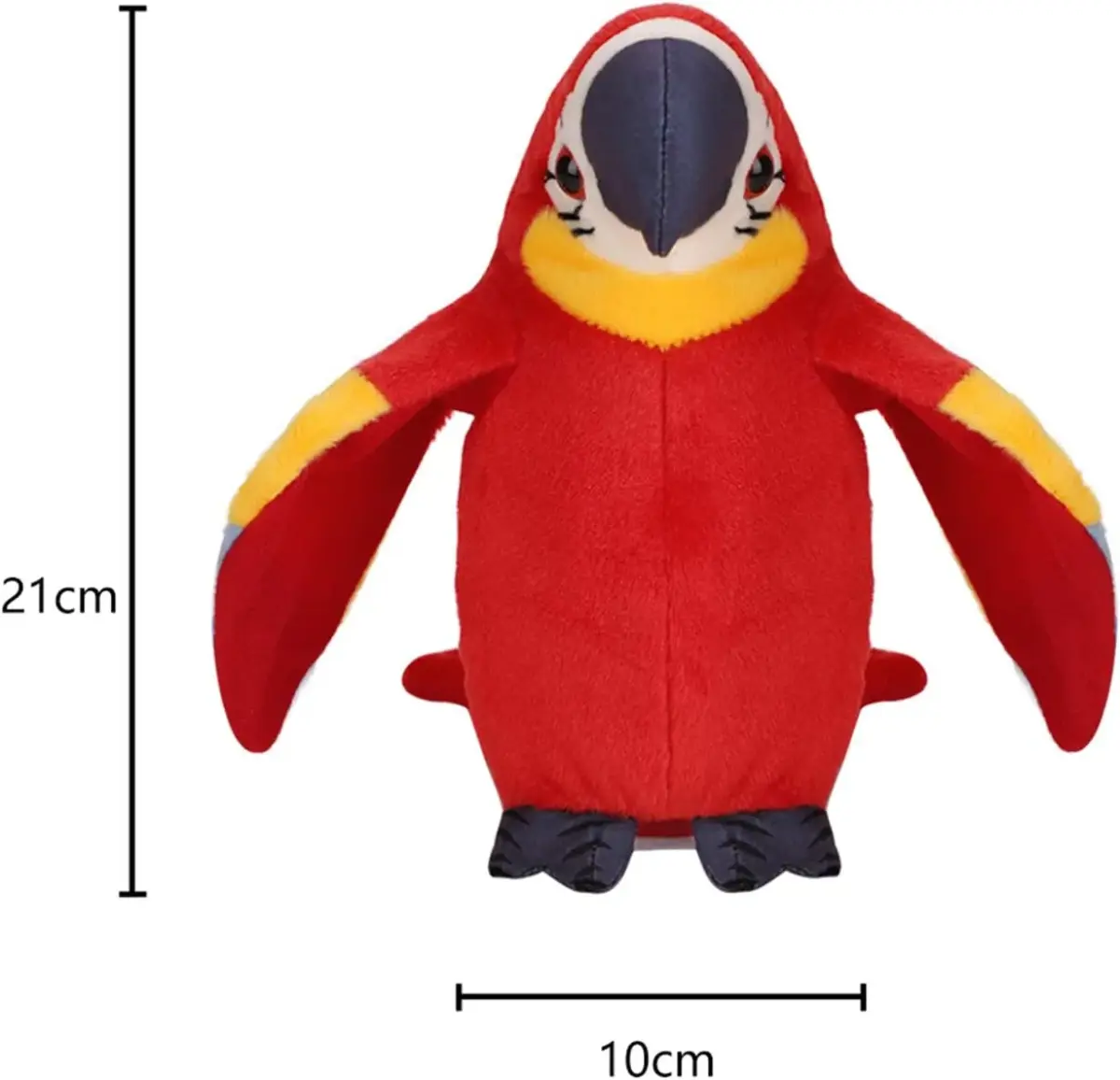 Upoznajte šarmantnog "Govoreći Papagaj – Igračku koja razgovara s vama", divnu plišanu crvenu papigu sa živopisnim žutim detaljima, visoku 21 cm i široku 10 cm—savršenu za maženje ili izlaganje.
