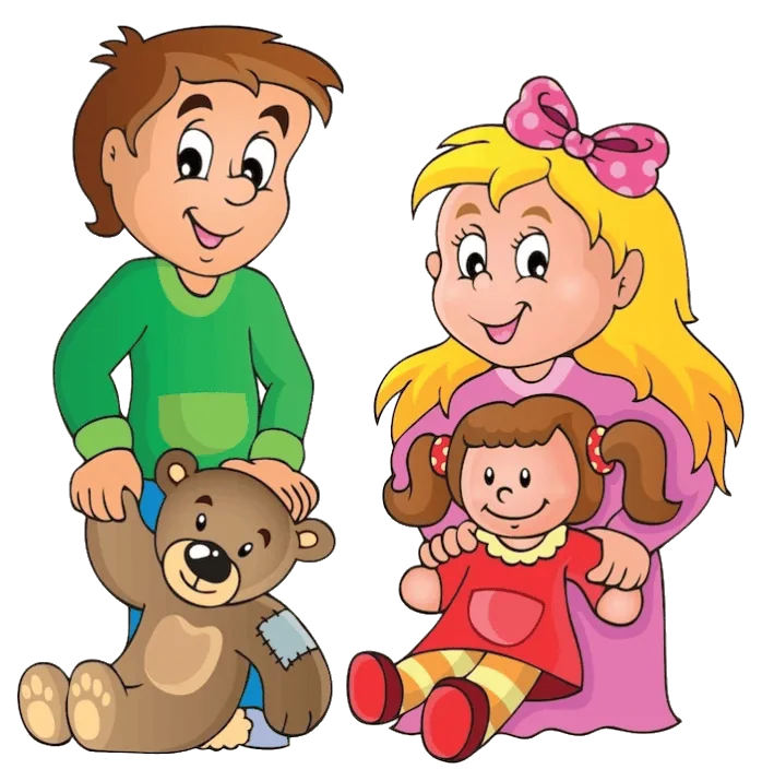 Vesela risana ilustracija prikazuje Maxa, dečka z rjavimi lasmi in zeleno srajco, ki drži plišastega medvedka. Prihrani, deklica poleg njega s svetlimi lasmi in rožnato obleko, veselo stiska svojo punčko. Oba se toplo nasmejita.