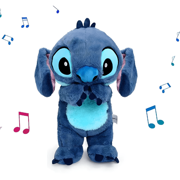 Plišani Stitch je uspravni plišani vanzemaljac s velikim ušima, čuperkom, velikim očima, plavim tijelom i svjetlijim trbuhom. Okružen šarenim glazbenim notama na bijeloj pozadini, čini se da svira ili pjeva - poput našeg voljenog prijatelja za zagrljaje i slatke snove.