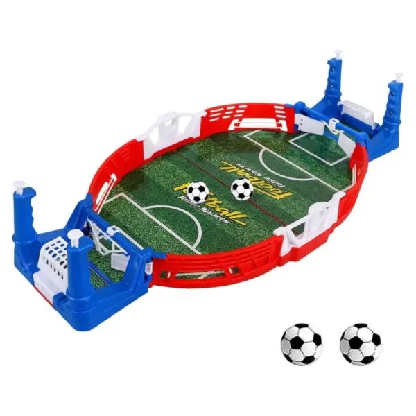Mini Nogometna Arena - Zabavna Namizna Igra za Otroke je namizna nogometna igra z ovalnim poljem, rdečimi in modrimi goli ter dvema miniaturnima nogometnima žogama, oblikovana tako, da spominja na pravo igrišče za neskončno zabavo mladih igralcev in navdušencev.