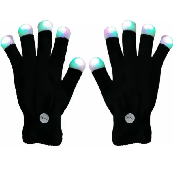 Svetleče Rokavice z LED Lučkami, na voljo v črni barvi s svetlečimi LED konicami prstov v zeleni, modri in vijolični barvi. Na dlani je gumb za vklop/izklop. Rokavice so elegantno prikazane z razprtimi prsti na navadnem belem ozadju.