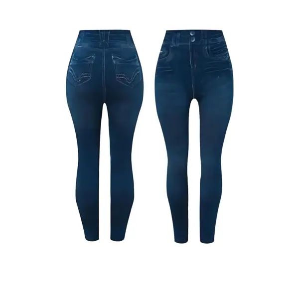 Prednji pogled na tamnoplave Elasta tajice s detaljima kroja i materijala.