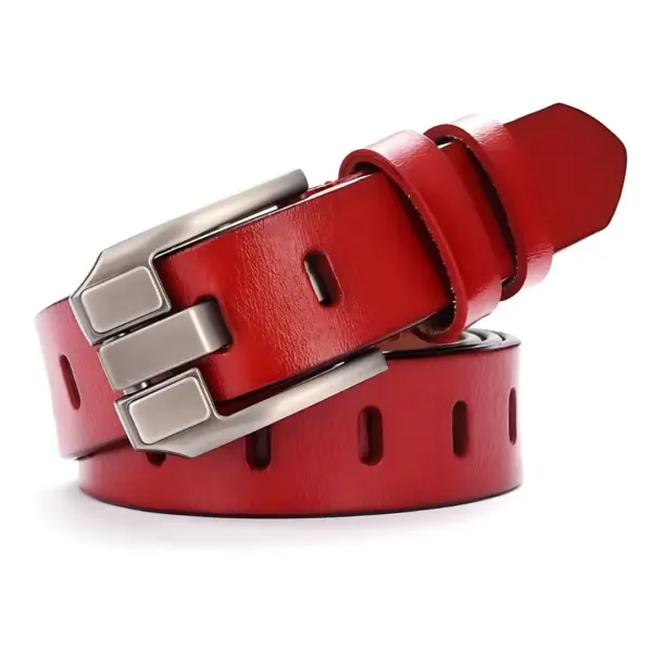 Ženski crveni kožni remen Elisia s eliptičnim rupicama za jednostavno prilagodbu i modernim dizajnom.