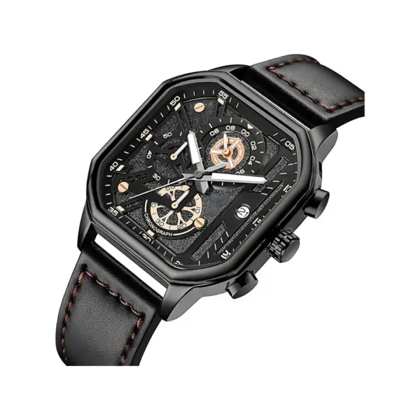 Muški sat Kalden Urban s kvadratnim kućištem, crnim brojčanikom i kombiniranim remenom od nerđajućeg čelika i eko kože, prikazan na bijeloj pozadini.